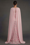 Floral Appliqued Sheath Ruched Strapless Backless Pink Long Formal Dress