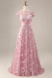 A Line Pink Floral Illusion Neck Appliqued Long Formal Dress