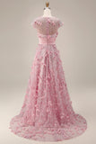 A Line Pink Floral Illusion Neck Appliqued Long Formal Dress