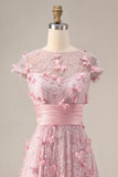 A Line Pink Floral Illusion Neck Appliqued Long Formal Dress