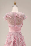 A Line Pink Floral Illusion Neck Appliqued Long Formal Dress