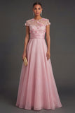 A Line Pink Floral Appliqued Long Illusion Neck Formal Dress