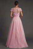A Line Pink Floral Appliqued Long Illusion Neck Formal Dress