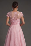 A Line Pink Floral Appliqued Long Illusion Neck Formal Dress