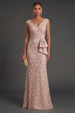 Blush Sparkly Beaded Sheath V Neck Ruched Long Formal Dress