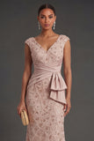 Blush Sparkly Beaded Sheath V Neck Ruched Long Formal Dress