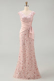 Blush Sparkly Beaded Sheath V Neck Ruched Long Formal Dress