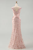 Blush Sparkly Beaded Sheath V Neck Ruched Long Formal Dress