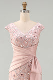 Blush Sparkly Beaded Sheath V Neck Ruched Long Formal Dress