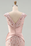 Blush Sparkly Beaded Sheath V Neck Ruched Long Formal Dress