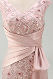 Blush Sparkly Beaded Sheath V Neck Ruched Long Formal Dress