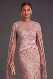 Sparkly Blush Beaded Illusion Neck Appliqued Long Formal Dress with Slit