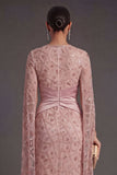 Sparkly Blush Beaded Illusion Neck Appliqued Long Formal Dress with Slit