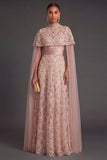 Sparkly Blush Strapless Sequined Long Formal Dress with Cape