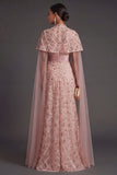 Sparkly Blush Strapless Sequined Long Formal Dress with Cape