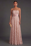 Sparkly Blush Strapless Sequined Long Formal Dress with Cape