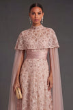Sparkly Blush Strapless Sequined Long Formal Dress with Cape