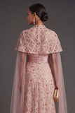 Sparkly Blush Strapless Sequined Long Formal Dress with Cape