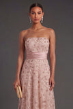 Sparkly Blush Strapless Sequined Long Formal Dress with Cape