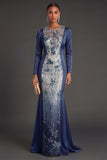 Illusion Neck Floral Appliqued Mermaid Navy Long Formal Dress