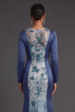 Illusion Neck Floral Appliqued Mermaid Navy Long Formal Dress