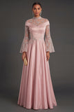 Pink Flutter Sleeves A Line High Neck Long Formal Dress