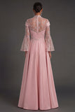 Pink Flutter Sleeves A Line High Neck Long Formal Dress