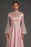 Pink Flutter Sleeves A Line High Neck Long Formal Dress