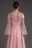 Pink Flutter Sleeves A Line High Neck Long Formal Dress