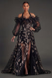 Ruffled Floral Puff Sleeves Black Long Formal Dress with Slit