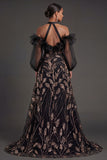 Ruffled Floral Puff Sleeves Black Long Formal Dress with Slit