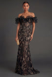 Mermaid Floral Off the Shoulder Ruffled Long Black Formal Dress