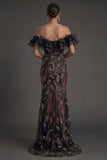 Mermaid Floral Off the Shoulder Ruffled Long Black Formal Dress