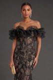 Mermaid Floral Off the Shoulder Ruffled Long Black Formal Dress