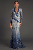 Long Sleeves Mermaid Navy Floral  V Neck Long Formal Dress