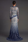 Long Sleeves Mermaid Navy Floral  V Neck Long Formal Dress