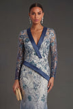 Long Sleeves Mermaid Navy Floral  V Neck Long Formal Dress
