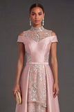 Pink Floral A Line High Neck Appliqued Long Formal Dress