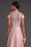 Pink Floral A Line High Neck Appliqued Long Formal Dress