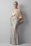 Leely Women Sparkly Champagne Sequined Satin Mermaid Mother of the Bride Dress Round Neck Flutter Sleeves Evening Dress