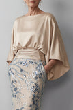 Sparkly Champagne Sequined Satin Bateau Neck Mother of the Bride Dress