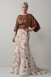 Coffee Floral Sheath Appliqued A Line Long Mother of the Bride Dress