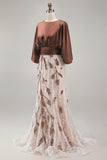 Coffee Floral Sheath Appliqued A Line Long Mother of the Bride Dress