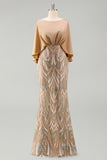 Beaded Sparkly Sheath Champagne Floral Long Mother of the Bride Dress