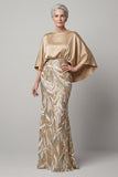 Beaded Sparkly Sheath Champagne Floral Long Mother of the Bride Dress