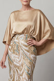 Beaded Sparkly Sheath Champagne Floral Long Mother of the Bride Dress