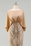 Beaded Sparkly Sheath Champagne Floral Long Mother of the Bride Dress