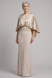 Mermaid Champagne Beaded Satin Round Neck Long Mother of the Bride Dress