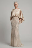 Leely Women Mermaid Champagne Beaded Long Mother of Dress Satin Round Neck Wedding Guest Dress with Cape