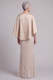 Mermaid Champagne Beaded Satin Round Neck Long Mother of the Bride Dress